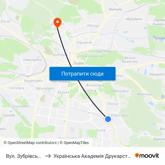 Вул. Зубрівська to Українська Академія Друкарства map