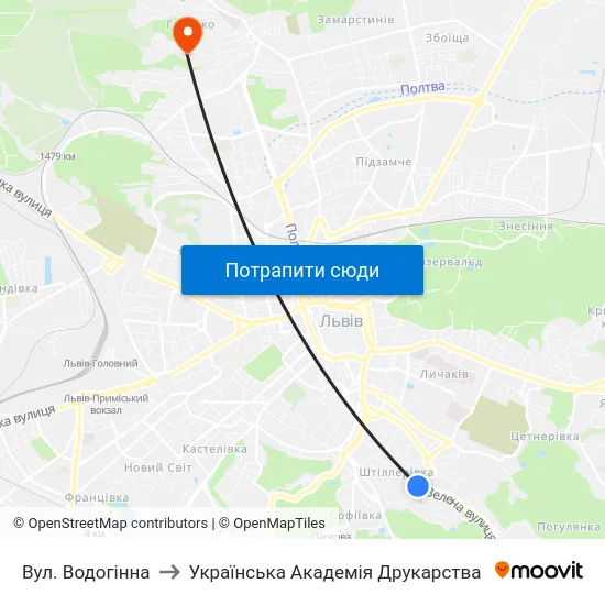 Вул. Водогінна to Українська Академія Друкарства map