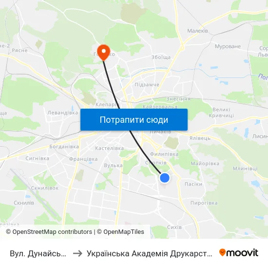Вул. Дунайська to Українська Академія Друкарства map