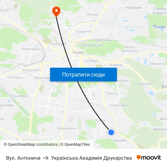 Вул. Антонича to Українська Академія Друкарства map