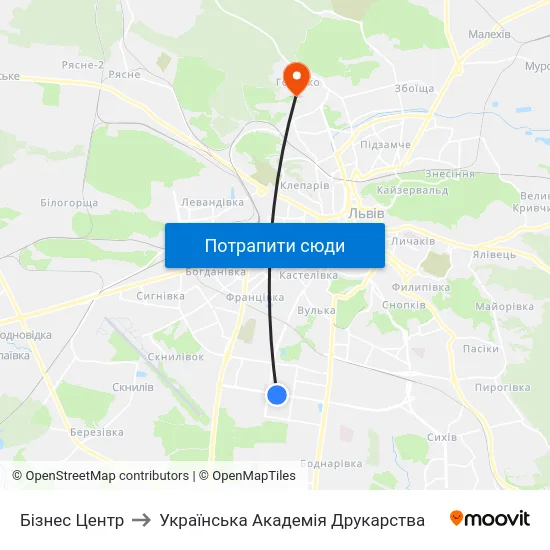 Бізнес Центр to Українська Академія Друкарства map