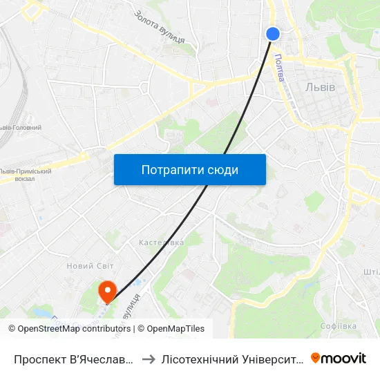Проспект В’Ячеслава Чорновола to Лісотехнічний Університет Корпус № 6 map