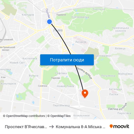 Проспект В’Ячеслава Чорновола to Комунальна 8-А Міська Клінічна Лікарня map