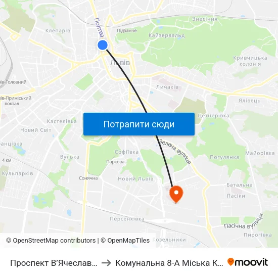 Проспект В’Ячеслава Чорновола to Комунальна 8-А Міська Клінічна Лікарня map