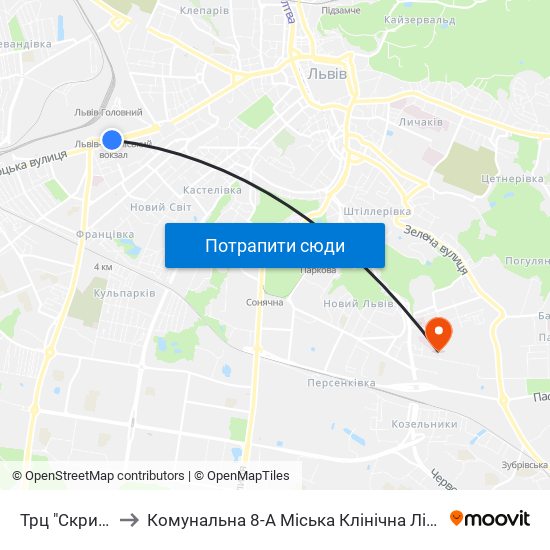 Трц "Скриня" to Комунальна 8-А Міська Клінічна Лікарня map