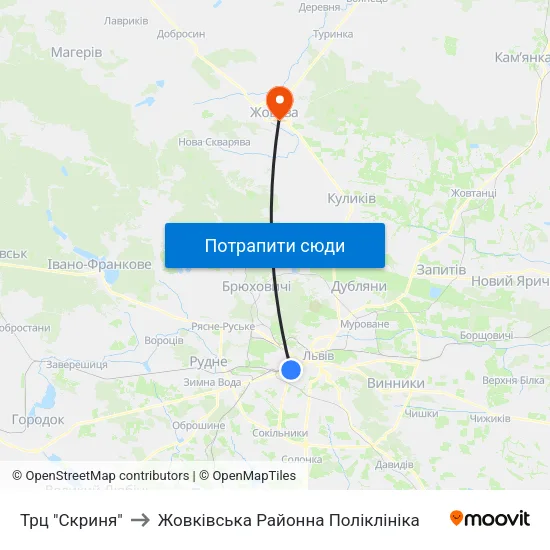 Трц "Скриня" to Жовківська Районна Поліклініка map