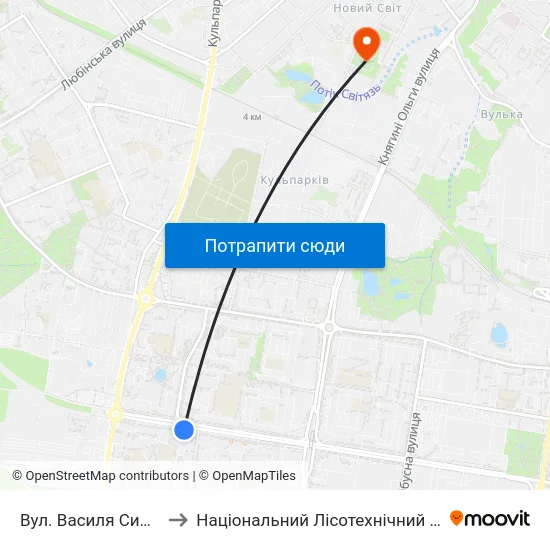 Вул. Василя Симоненка to Національний Лісотехнічний Університет map