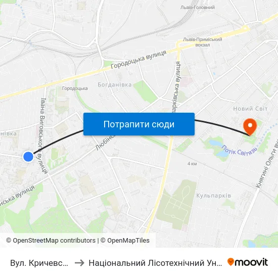Вул. Кричевського to Національний Лісотехнічний Університет map