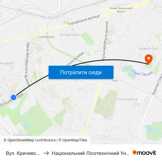 Вул. Кричевського to Національний Лісотехнічний Університет map