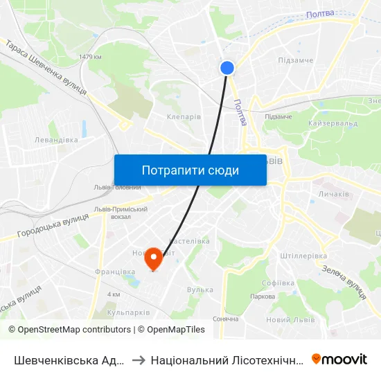 Шевченківська Адміністрація to Національний Лісотехнічний Університет map