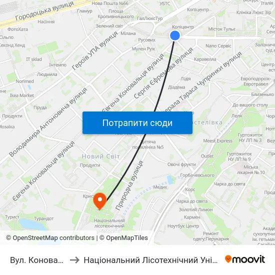Вул. Коновальця to Національний Лісотехнічний Університет map