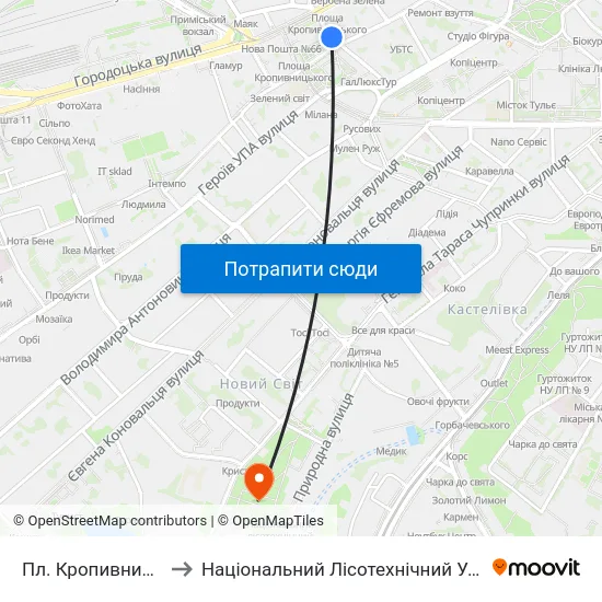 Пл. Кропивницького to Національний Лісотехнічний Університет map