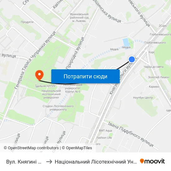 Вул. Княгині Ольги to Національний Лісотехнічний Університет map