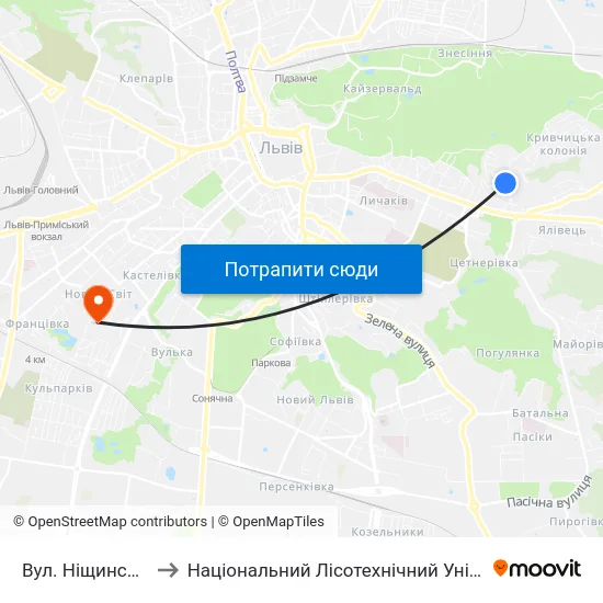 Вул. Ніщинського to Національний Лісотехнічний Університет map