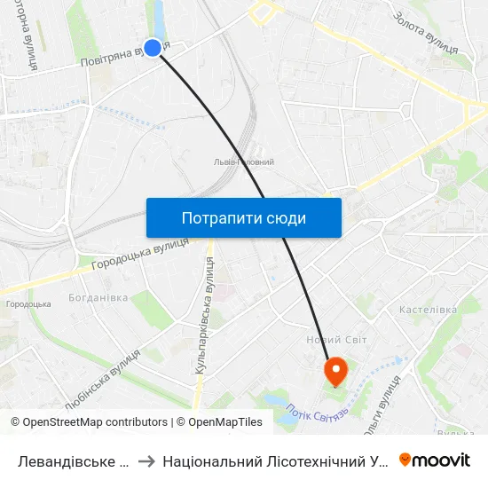 Левандівське Озеро to Національний Лісотехнічний Університет map
