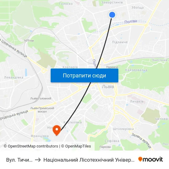 Вул. Тичини to Національний Лісотехнічний Університет map