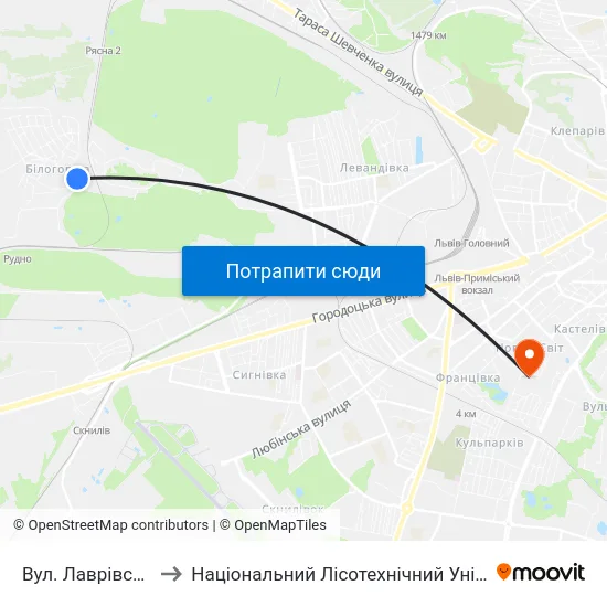 Вул. Лаврівського to Національний Лісотехнічний Університет map