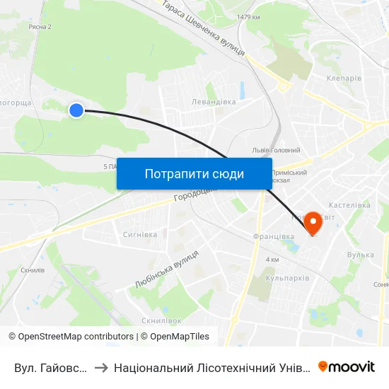 Вул. Гайовської to Національний Лісотехнічний Університет map