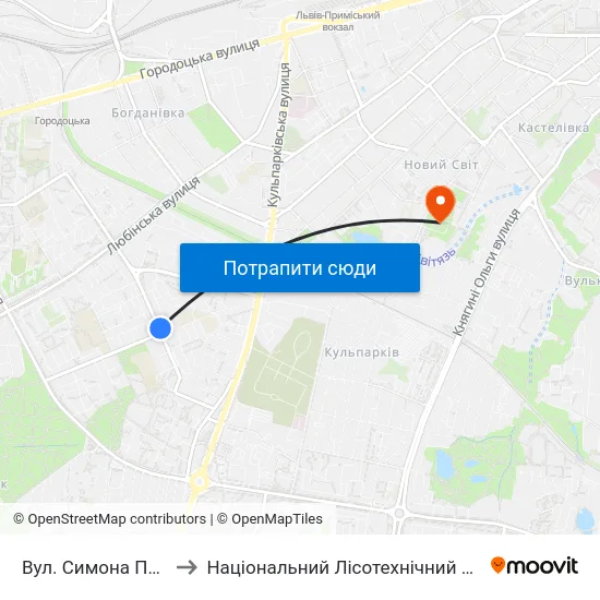 Вул. Симона Петлюри to Національний Лісотехнічний Університет map