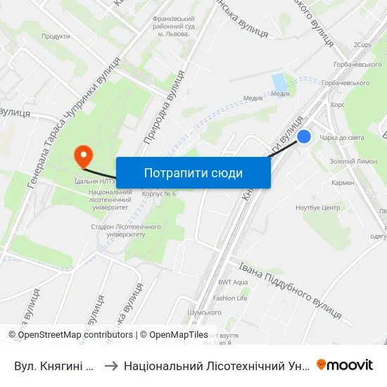 Вул. Княгині Ольги to Національний Лісотехнічний Університет map