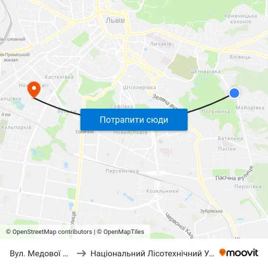 Вул. Медової Печери to Національний Лісотехнічний Університет map
