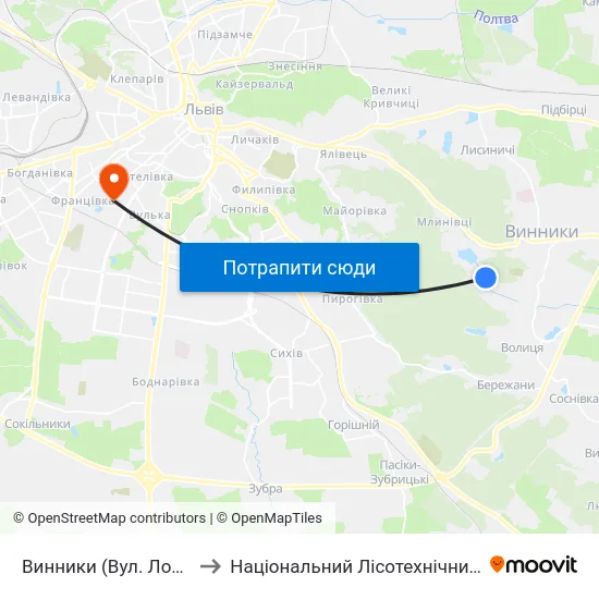 Винники (Вул. Ломоносова) to Національний Лісотехнічний Університет map