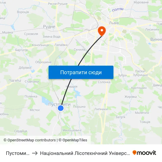 Пустомити to Національний Лісотехнічний Університет map