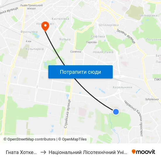 Гната Хоткевича to Національний Лісотехнічний Університет map