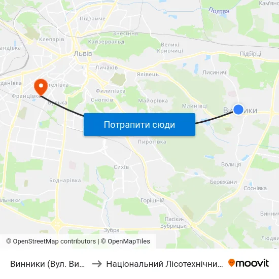 Винники (Вул. Винниченка) to Національний Лісотехнічний Університет map
