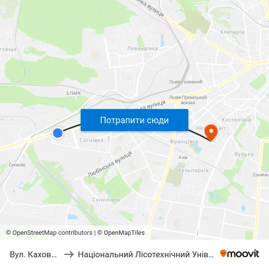 Вул. Каховська to Національний Лісотехнічний Університет map