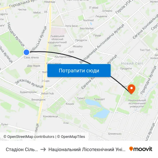 Стадіон Сільмаш to Національний Лісотехнічний Університет map