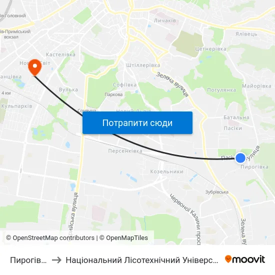 Пирогівка to Національний Лісотехнічний Університет map