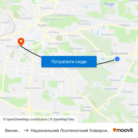 Винники to Національний Лісотехнічний Університет map