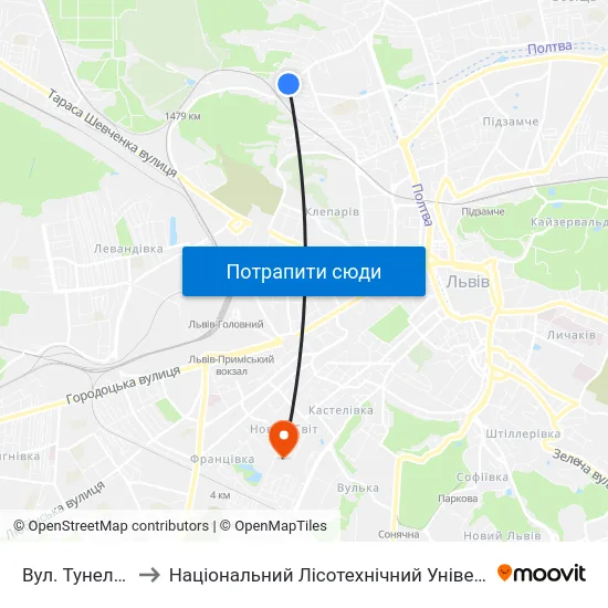 Вул. Тунельна to Національний Лісотехнічний Університет map