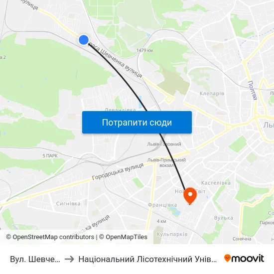 Вул. Шевченка to Національний Лісотехнічний Університет map