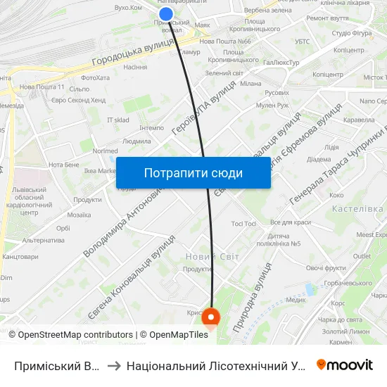 Приміський Вокзал to Національний Лісотехнічний Університет map