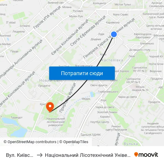 Вул. Київська to Національний Лісотехнічний Університет map