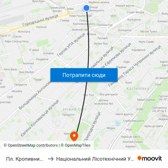 Пл. Кропивницького to Національний Лісотехнічний Університет map