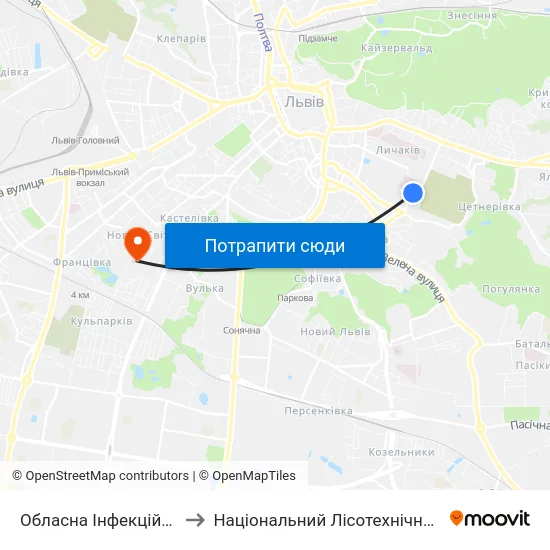 Обласна Інфекційна Лікарня to Національний Лісотехнічний Університет map