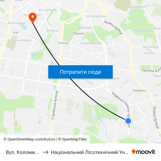 Вул. Коломийська to Національний Лісотехнічний Університет map