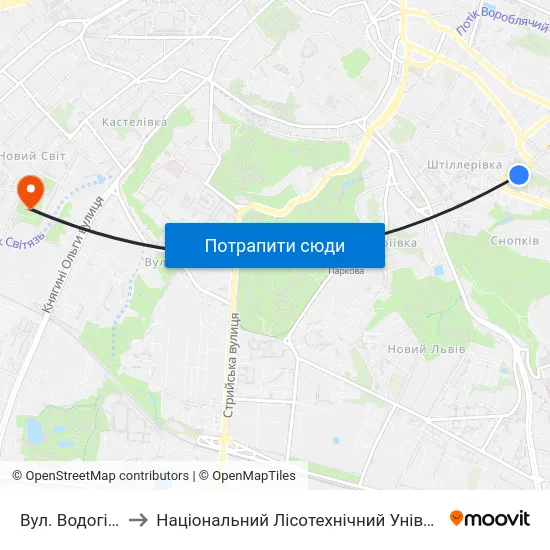 Вул. Водогінна to Національний Лісотехнічний Університет map