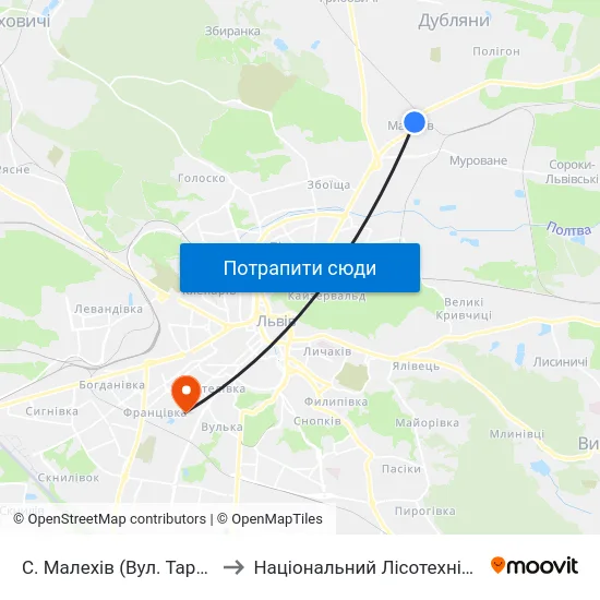 С. Малехів (Вул. Тараса Шевченка) to Національний Лісотехнічний Університет map