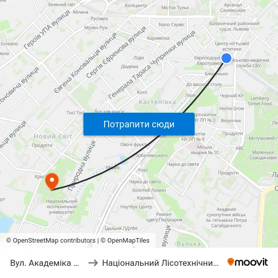 Вул. Академіка Сахарова to Національний Лісотехнічний Університет map