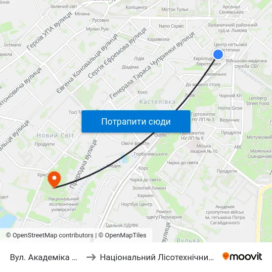 Вул. Академіка Сахарова to Національний Лісотехнічний Університет map