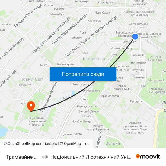 Трамвайне Депо to Національний Лісотехнічний Університет map