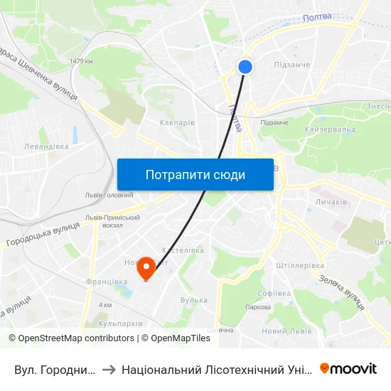 Вул. Городницька to Національний Лісотехнічний Університет map