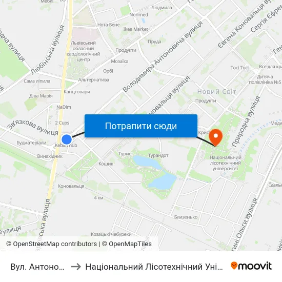 Вул. Антоновича to Національний Лісотехнічний Університет map