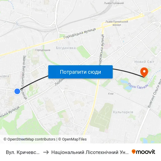 Вул. Кричевського to Національний Лісотехнічний Університет map