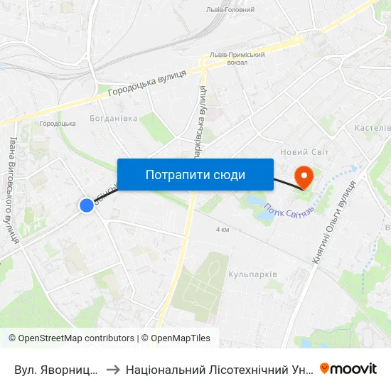 Вул. Яворницького to Національний Лісотехнічний Університет map