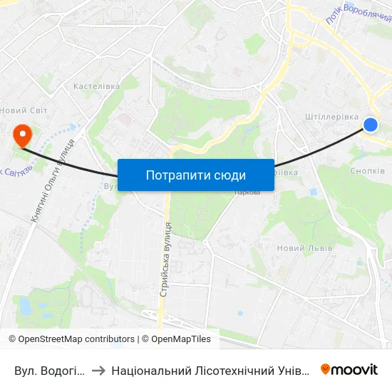 Вул. Водогінна to Національний Лісотехнічний Університет map